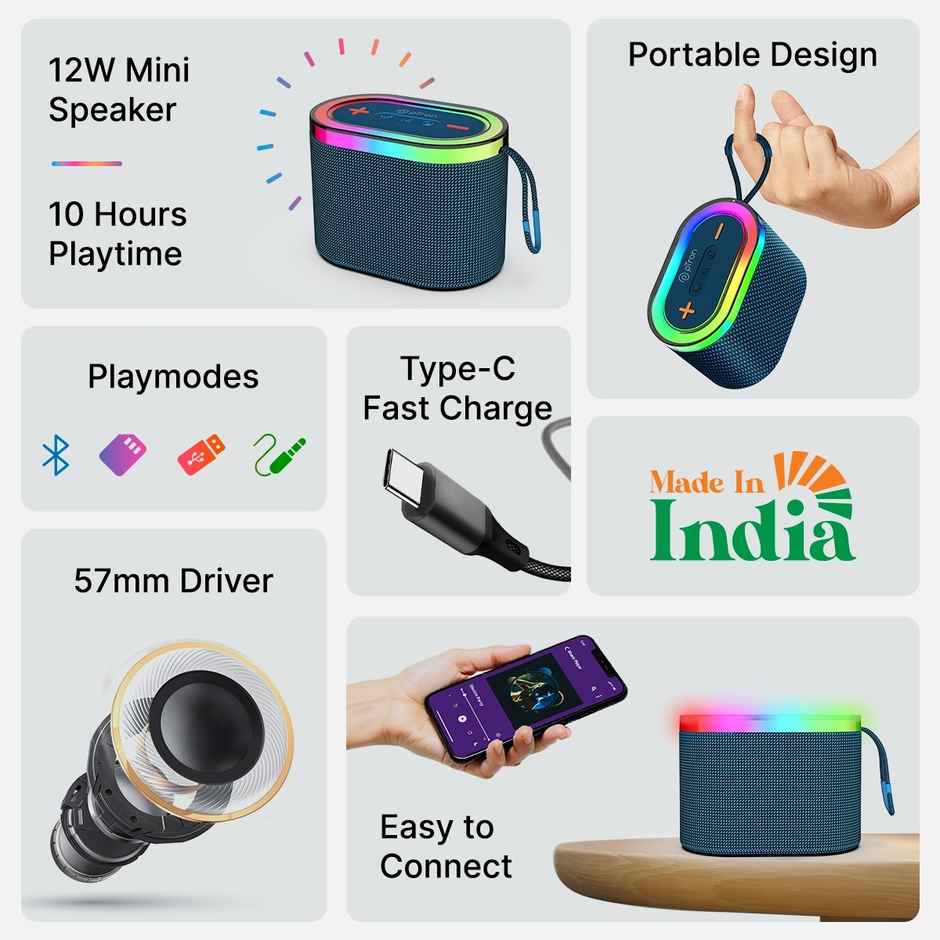 pTron Fusion Pop 12W Bluetooth Speaker With 10 Hours Playback | RGB Leds | Type-C Charging - Blue