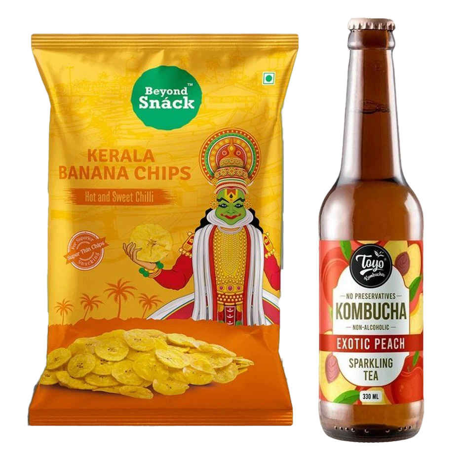 Toyo Kombucha Exotic Peach Kombucha(330ml) & Beyond Snã¡Ck Kerala Banana Chips - Hot And Sweet Chilli(75gms) Combo