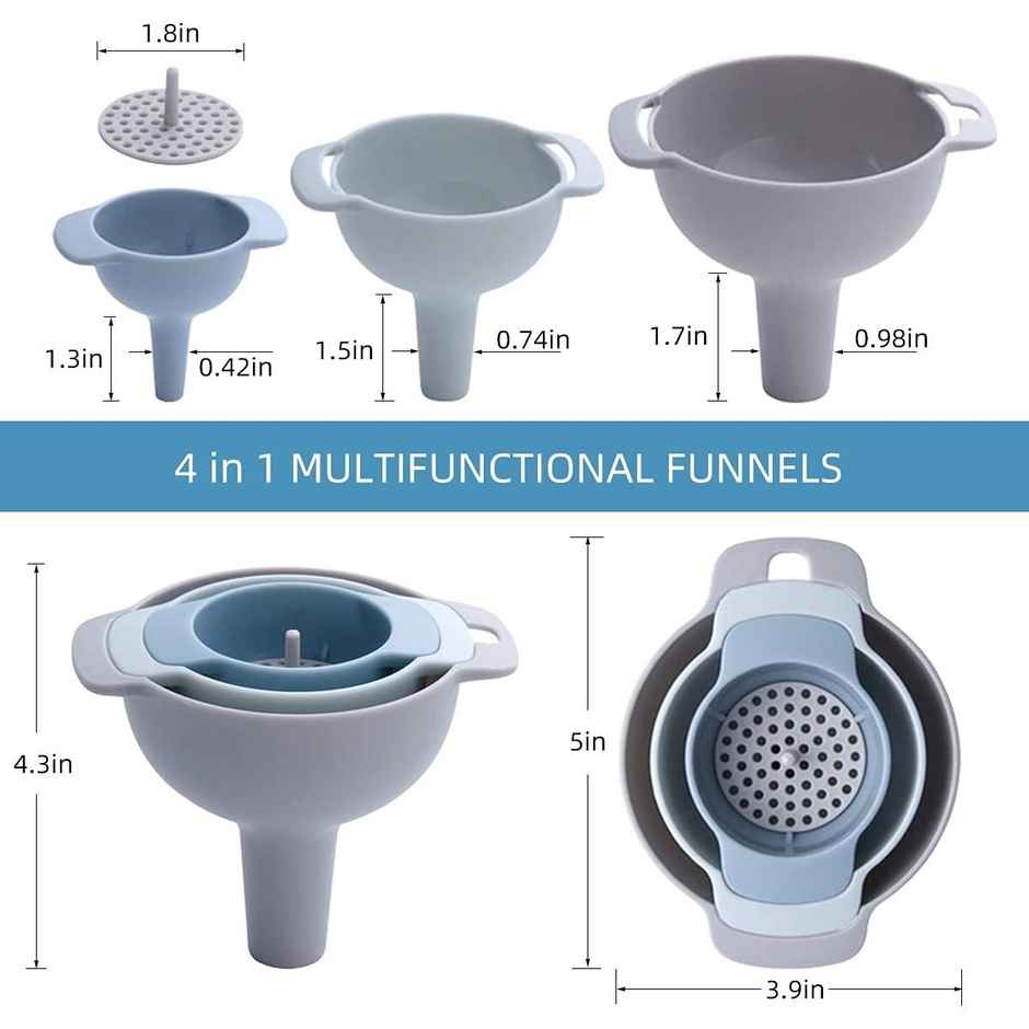 Ambition 3 Piece Kitchen Funnel With Detachable Strainer | Pack of 3pcs + Detachable Filter - Assorted