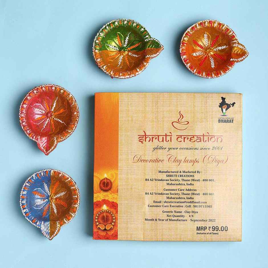 In Flower Decorative Clay Diya | Set of 4 | Designer Diya | Shruti Creations