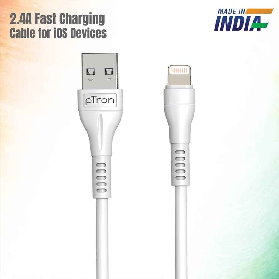 pTron Solero i241 Fast Charging 2.4A USB to iOS Cable( USB to Lightning )Data Transfer & 1m Tangle-Free Cable - White