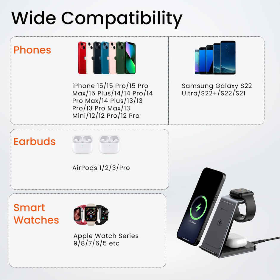 Portronics Freedom Trio 15w 3in1 Wireless Charger for iPhone 15/15 Plus/15 Pro/15 Pro Max,iPhone 14/14 Plus/14 Pro/Max,iPhone 13/12/11 Series,iWatches and AirPods etc.