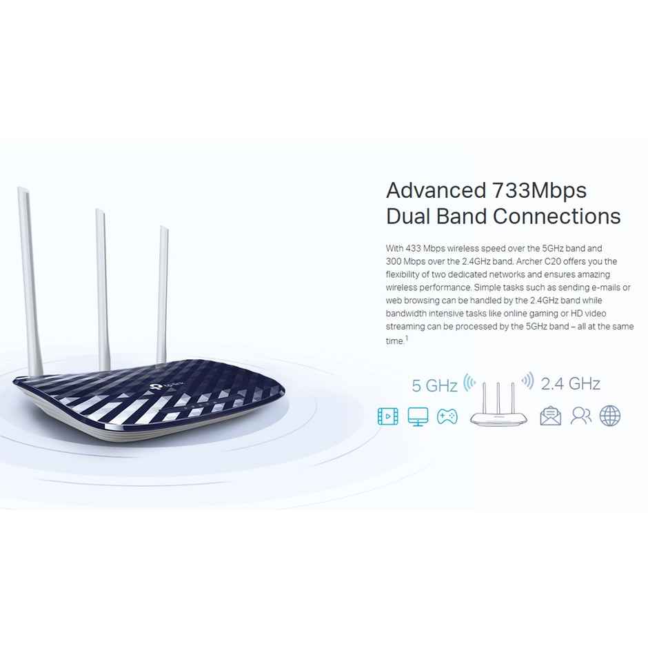 TP-Link Archer C20 AC750 Dual Band Wireless Cable Router,4 10/100 LAN + 10/100 WAN Ports, 3 Antennas