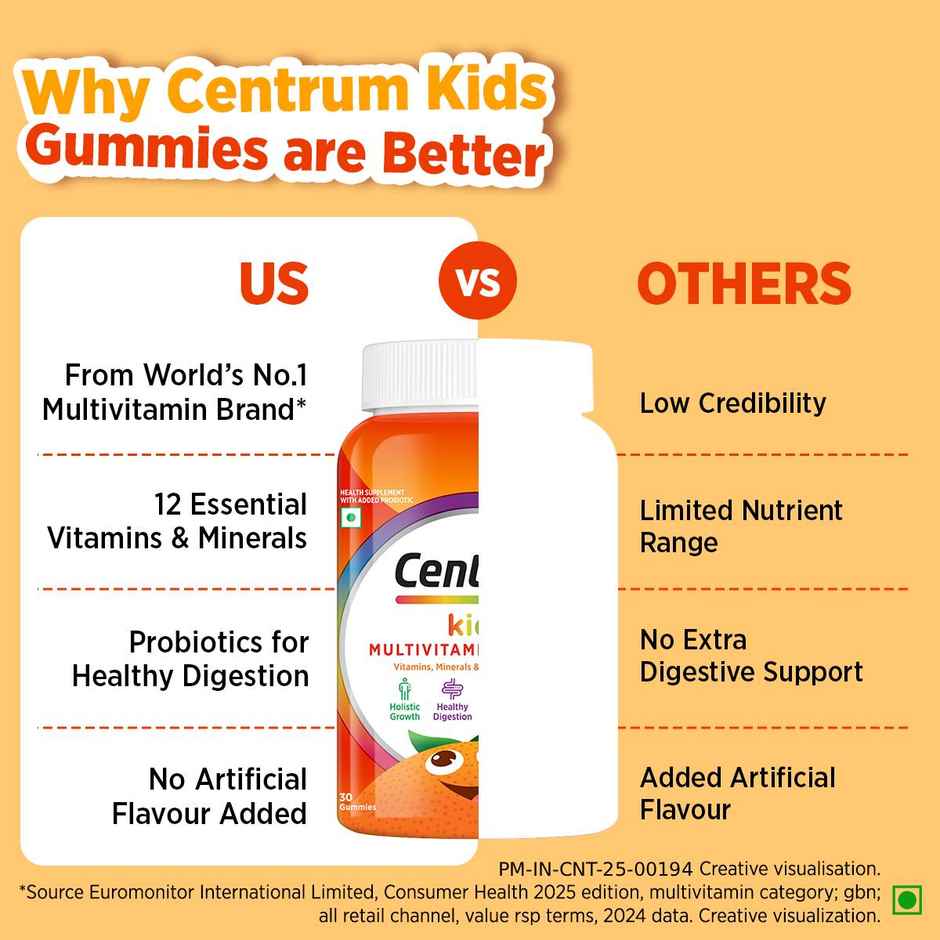 Centrum Kids Multivitamins - Zinc, Vit. B, C, D for Overall Growth & Immunity (30 Veg Gummies)