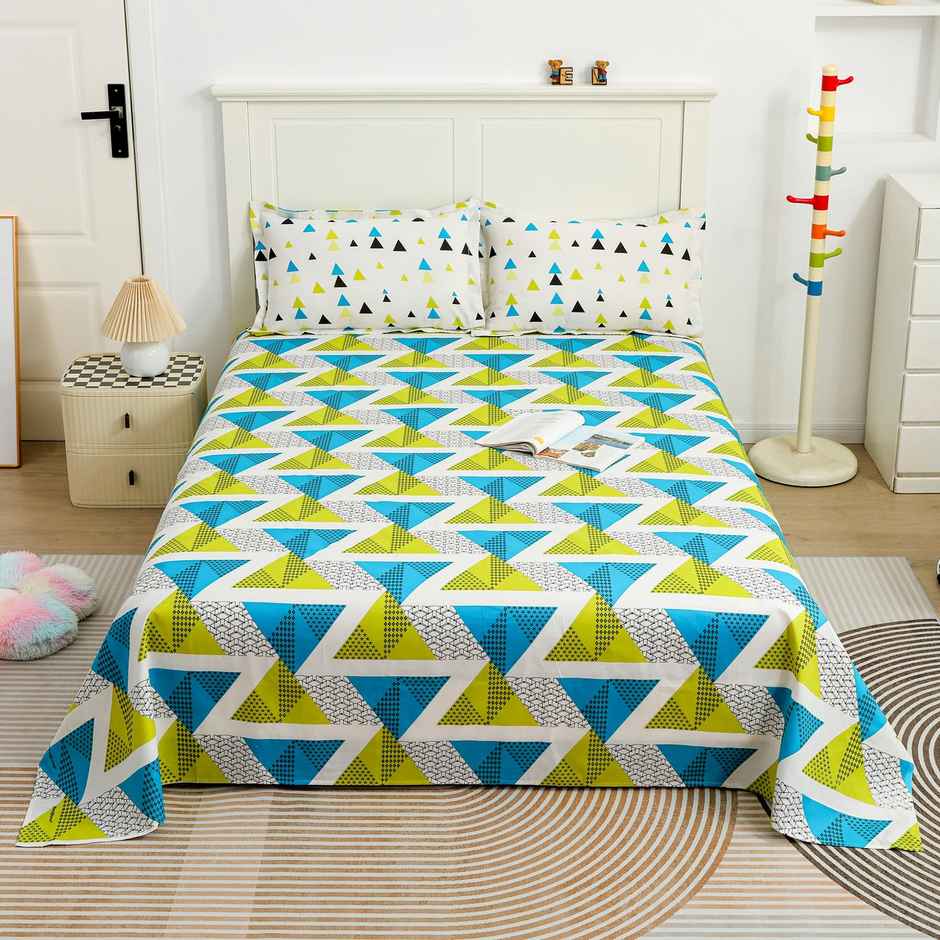 Story@home 144 TC Cotton Double Abstract Flat Bedsheet | Green, White | 98 x 89 in