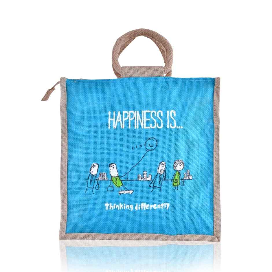 Kuber Industries Blue Happiness Medium Grocery Bag|Lunch Bags for Office with Zipp & Handle|Brown