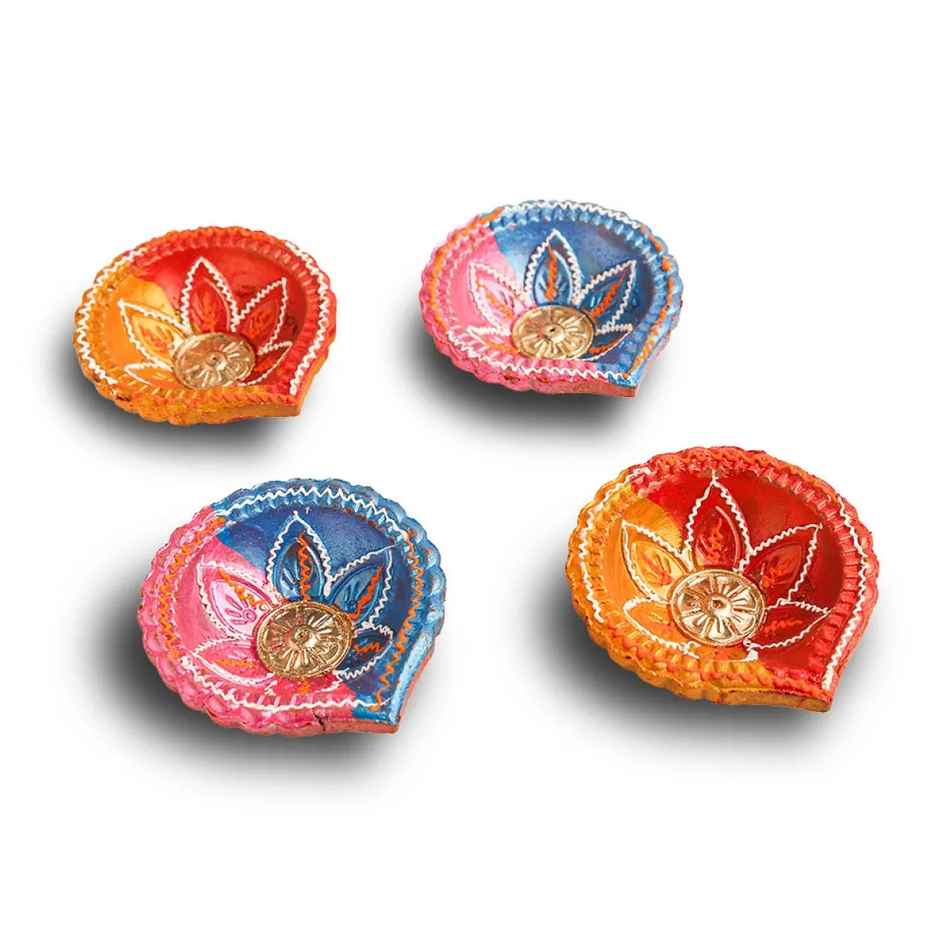 In Flower Decorative Clay Diya | Set of 4 | Designer Diya | Shruti Creations