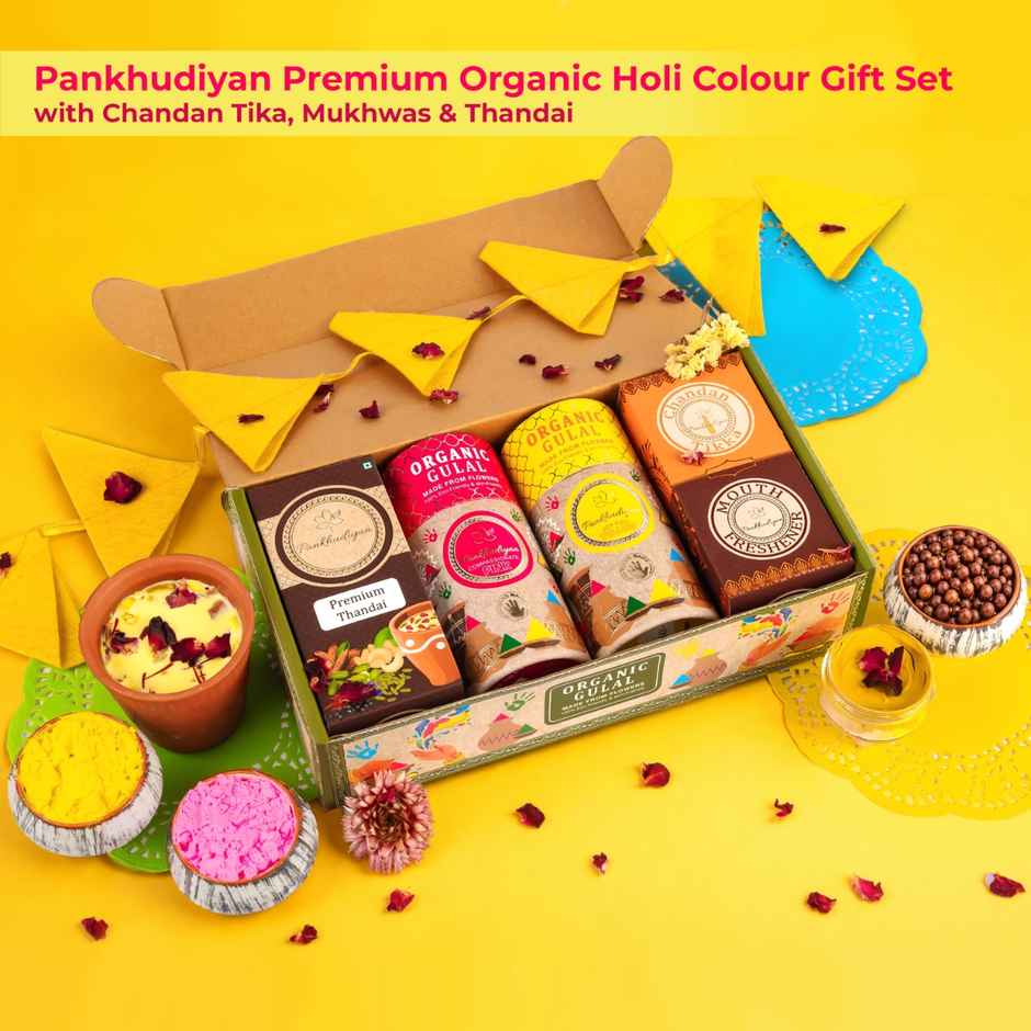 Premium Organic Holi Colour Gift Set | Chandan Tika, Mukhwas & Thandai | Pankhudiyan