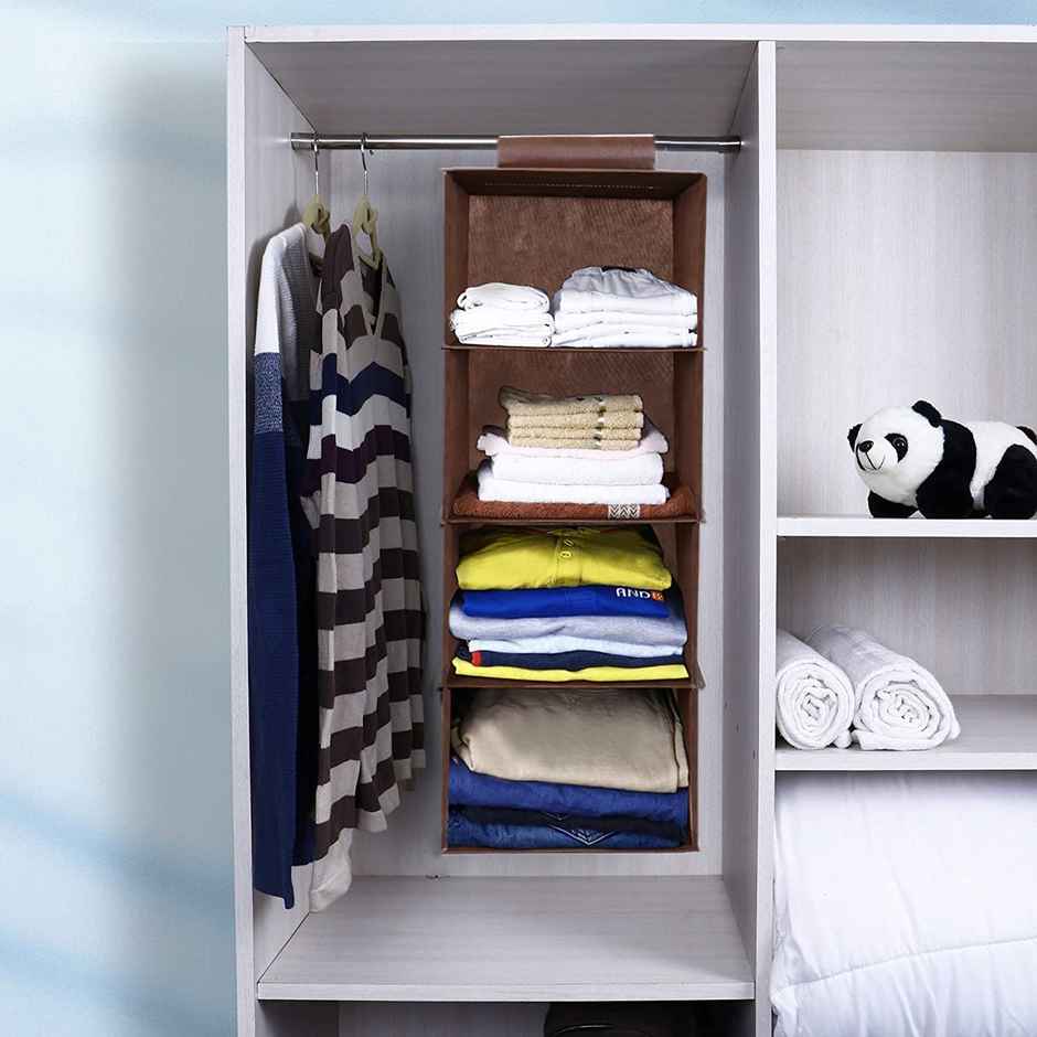 Kuber Industries 4-Shelf Hanging Wardrobe Organizer | Foldable Shoe Storage | 31x25x80cm (Brown)