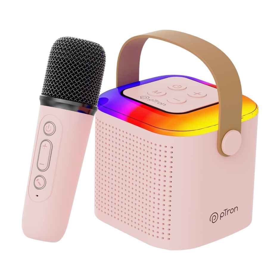 pTron Fusion Tunes 10W Bluetooth Speaker | Wireless Karaoke Mic | RGB Lights | 8Hrs Playtime - Pink