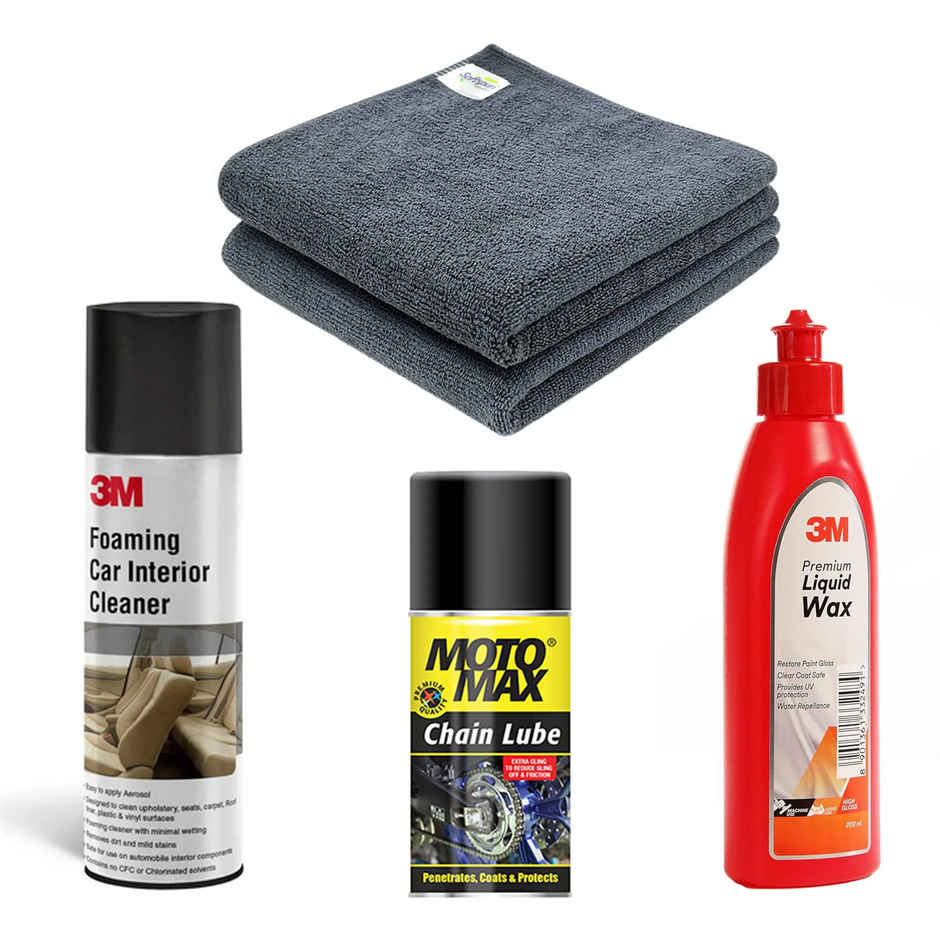 Softspun Microfiber Cleaning Cloths (340 Gsm, 40X40Cm, 2Pc, Grey) (2pc) & Motomax Chain Lube Spray 100 Ml (1pc) & 3M Premium Liquid Wax | Restores Car Paint Gloss And Lustre, Water Repellent | 200 Ml (200ml) & 3M Foaming Car Interior Cleaner | Upholstery & Leather Cleaner | 290 G (290g) Combo