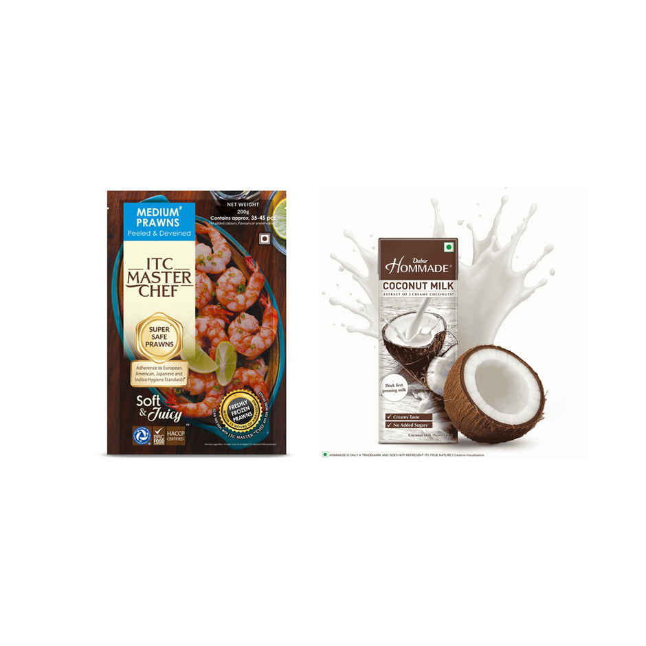 Itc Master Chef Medium Prawns | Freshly Frozen | 15 Hours From The Time Of Harvesting (200g) & Dabur Hommade Organic Coconut Milk (200ml) Combo