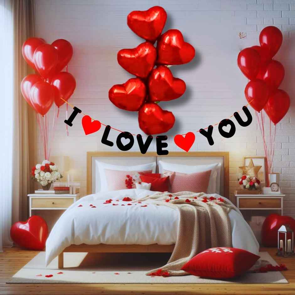 I Love You Banner, Balloons Decoration Kit | Red Foil Heart | Romantic Decor | Hemito