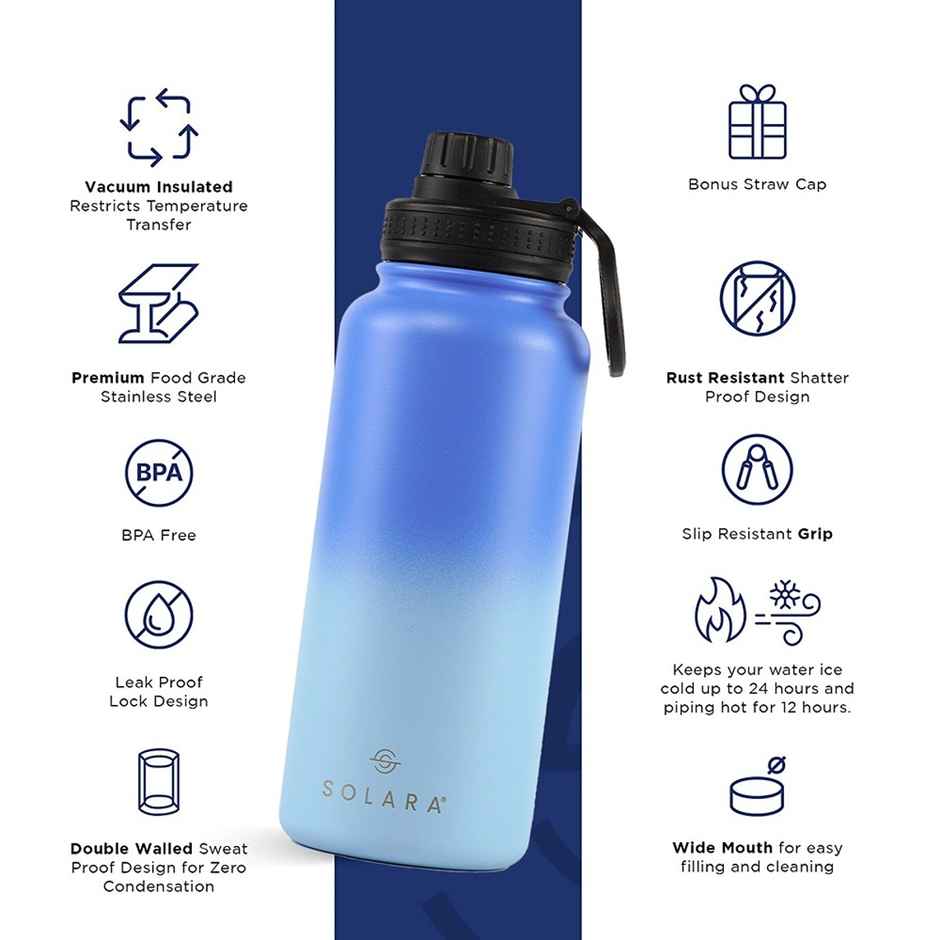 Solara Stainless Steel Insulated Water Bottle For Travel Office School Gym | Blue Wave | 1 L