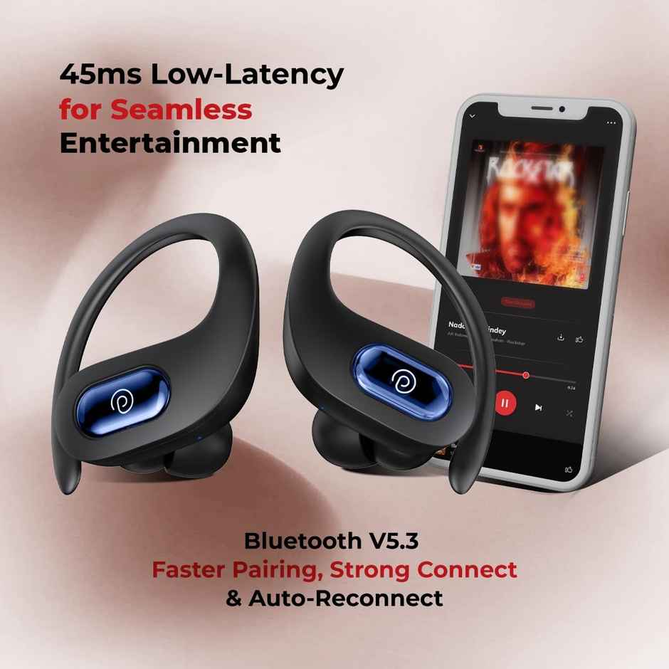 pTron Bassbuds Sports In-Ear TWS Earbuds With HD Mic | 45H Playtime | 45ms Movie/Music Modes - Black