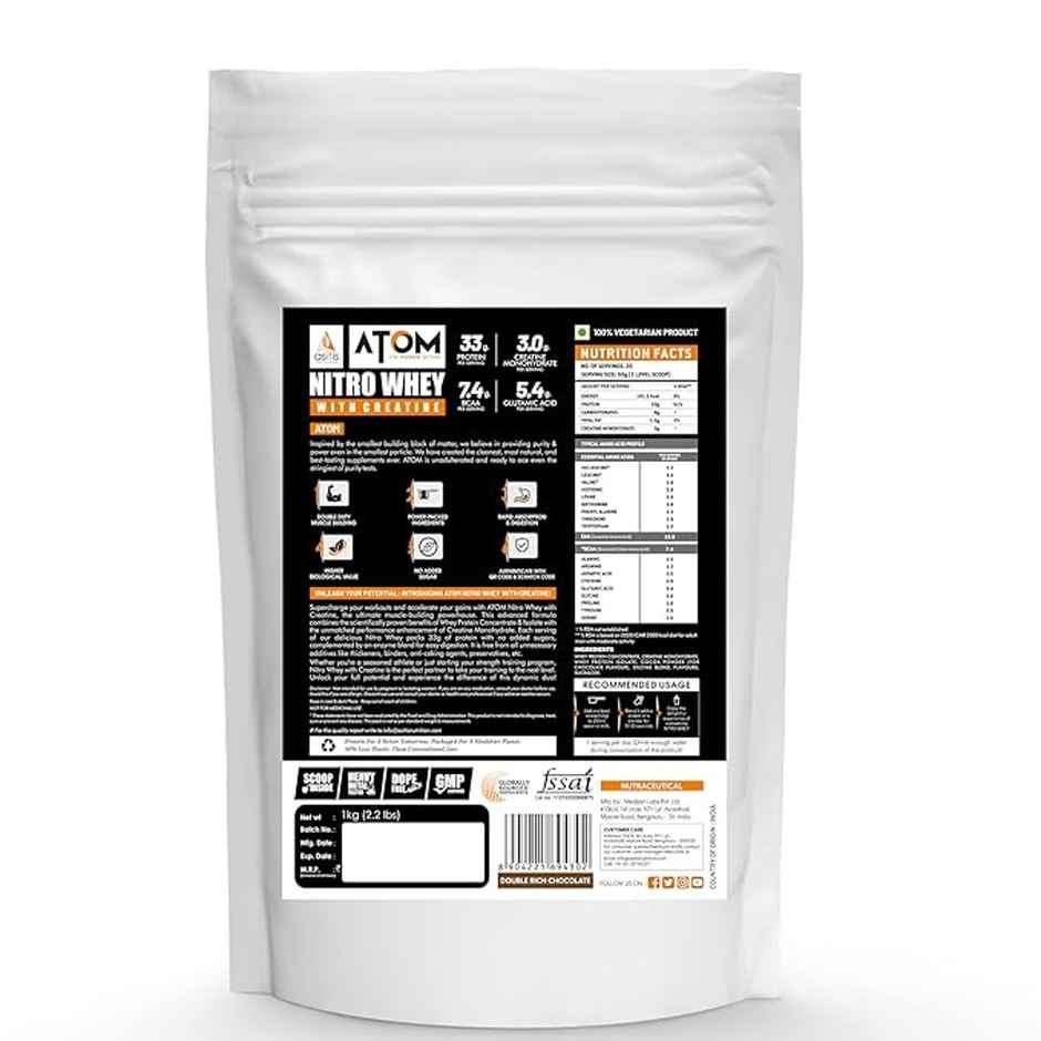 AS-IT-IS Nutrition ATOM Nitro Whey with Creatine I 33g Protein, Double Rich Chocolate