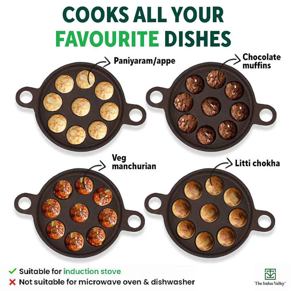 The Indus Valley Super Smooth Cast Iron Paniyaram Pan with Glass Lid | 9 Pit, 20.8cm/8.2inch, 2.7kg