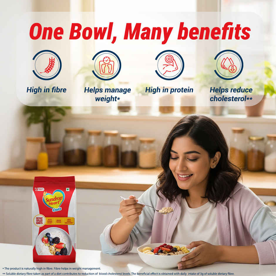 Sundrop Heart Instant Rolled Oats with 12.2% Protein, 10.8% Dietary Fibre | No Added Preservatives