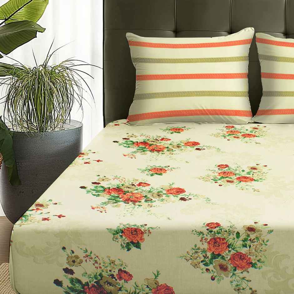 Story@home 144 TC Cotton Double Printed Flat Floral Bedsheet | Cream & Orange | 98 x 89 in