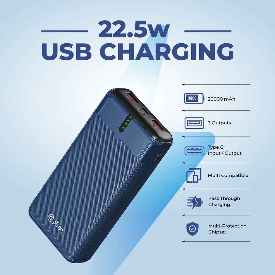 pTron Dynamo Surge 20000 mAh 22.5W Power Bank | 20W Type C/Pd Fast Charging | 3 Outputs/1 Input - Blue