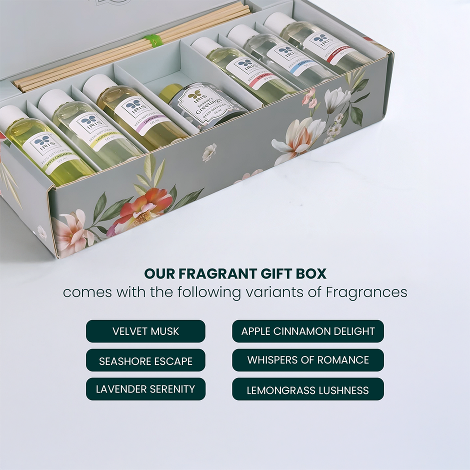 IRIS Reed Diffuser Gift Pack With 6 Assorted Oils And Reed Sticks