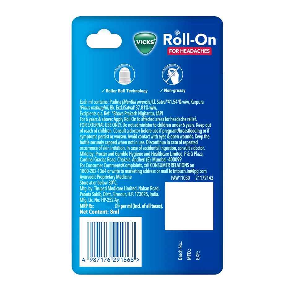 Vicks Headache Relief Roll-On with Keychain - Fast Action