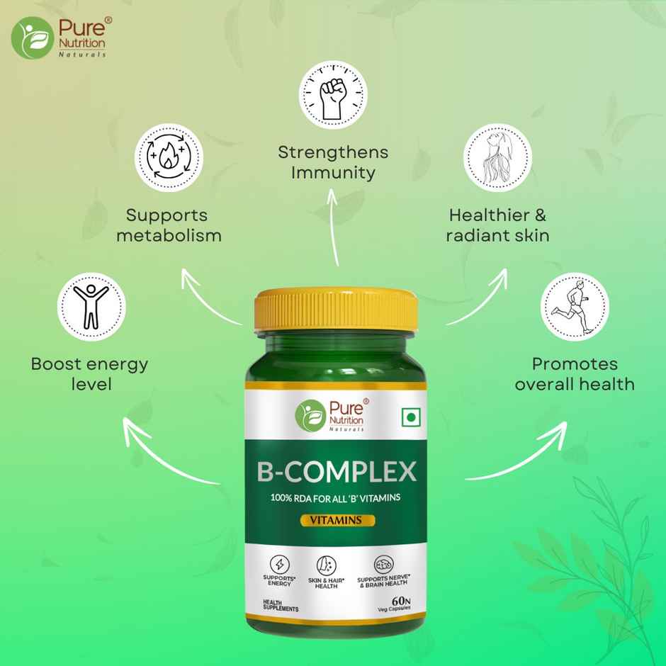 Pure Nutrition Vitamin B-Complex Tablets - 60 VEG Caps with B1 B2 B3 B5 B6 & B9