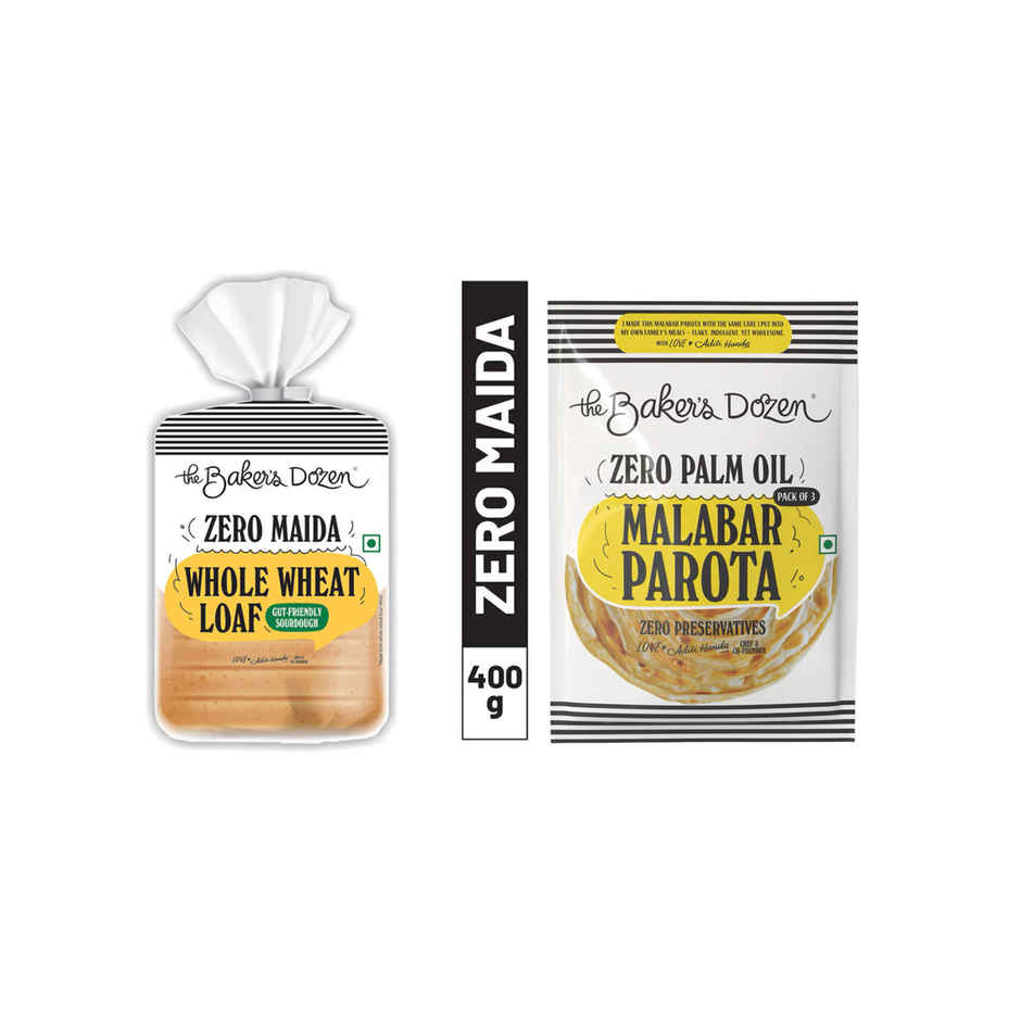 The Baker'S Dozen Zero Maida Whole Wheat Bread | Atta Bread (Not Brown) | Sandwich Bread | Gourmet (450g) & The Baker'S Dozen Zero Palm Oil Malabar Parota | Wheat Paratha | Ready To Eat | Ready To Cook (210g) Combo