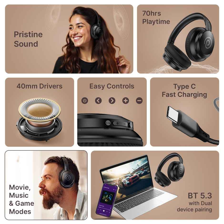 pTron Studio Evo Wireless Over-Ear Headphones With 70H Playtime | Deep Bass - Black