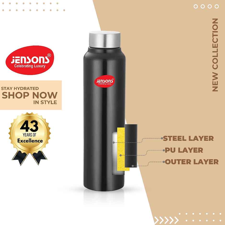 Jensons Stainless Steel Single Wall Classic Bottle | Black | 1 L
