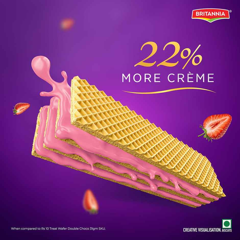 Britannia Treat Rich Creme Strawberry Flavoured Wafers | Light Crispy Fruity Snack