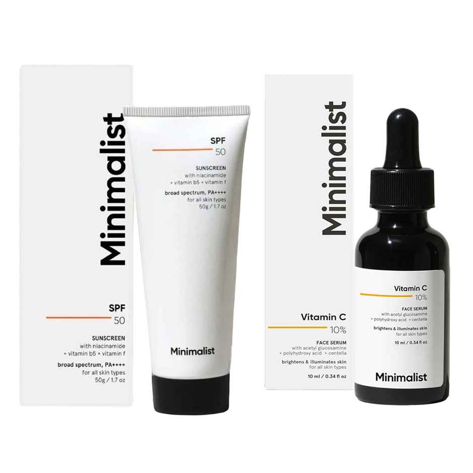 Vitamin C 10% Face Serum For For Brighter, Glowing & Healthy Looking Skin(10ml) & Minimalist Spf 50 Pa++++ Multi- Vitamin Sunscreen Broad Spectrum No- White Cast Light Weight For Men & Women(50ml) Combo