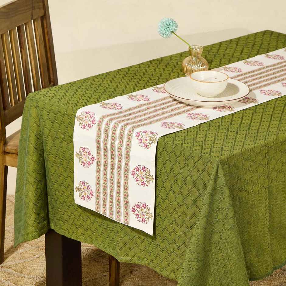 Fabindia Green Cotton Printed Runner | 32.5 cm x 1.8 m
