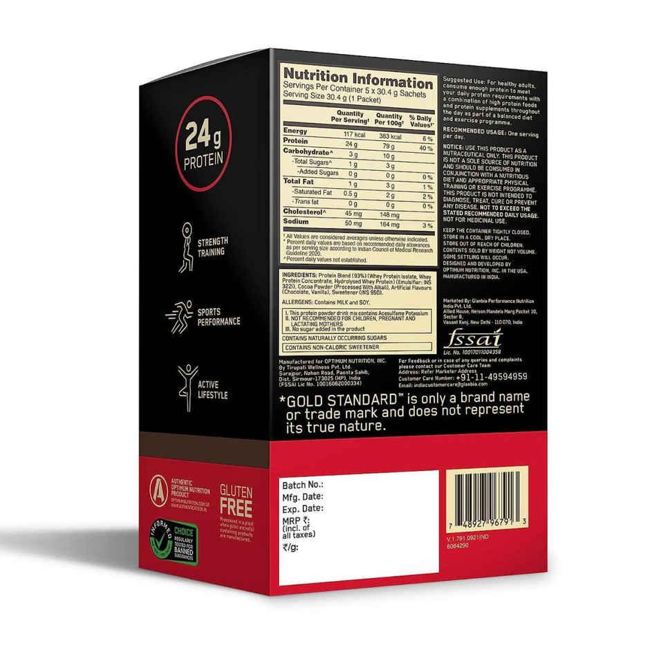 Optimum Nutrition Gold Standard Complete Whey Protein Powder Double Rich Chocolate (5 X 30.4g)