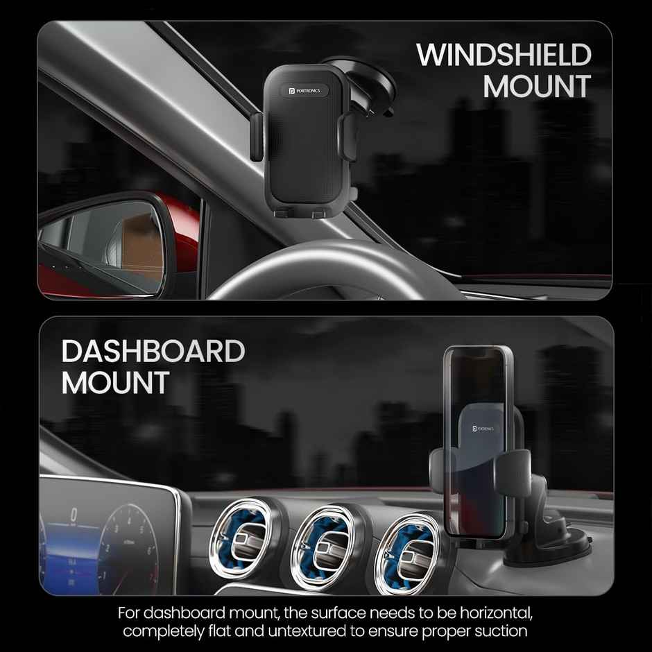 Portronics Clamp M4 Car Phone Holder Stand with 360 Degree Rotation, Strong Grip (Black)