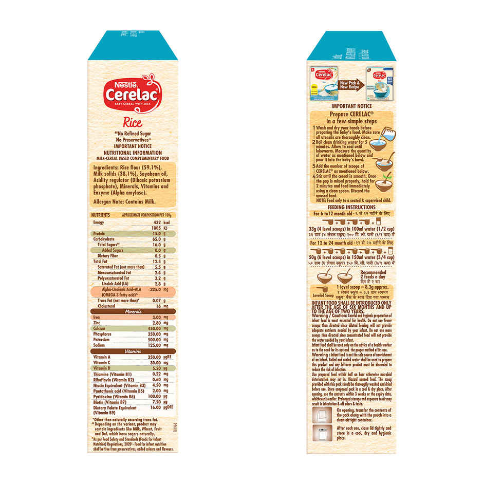 Nestle CERELAC Rice Baby Food Cereal, No Refined Sugar & No Preservatives, 6 to 24 Months