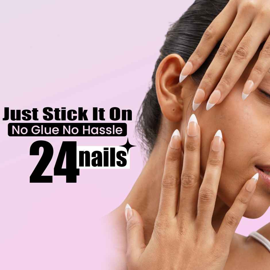 Sanfe Instant Stick On Nails - French Almond | Press On Nails Kit | Artificial Nails Set