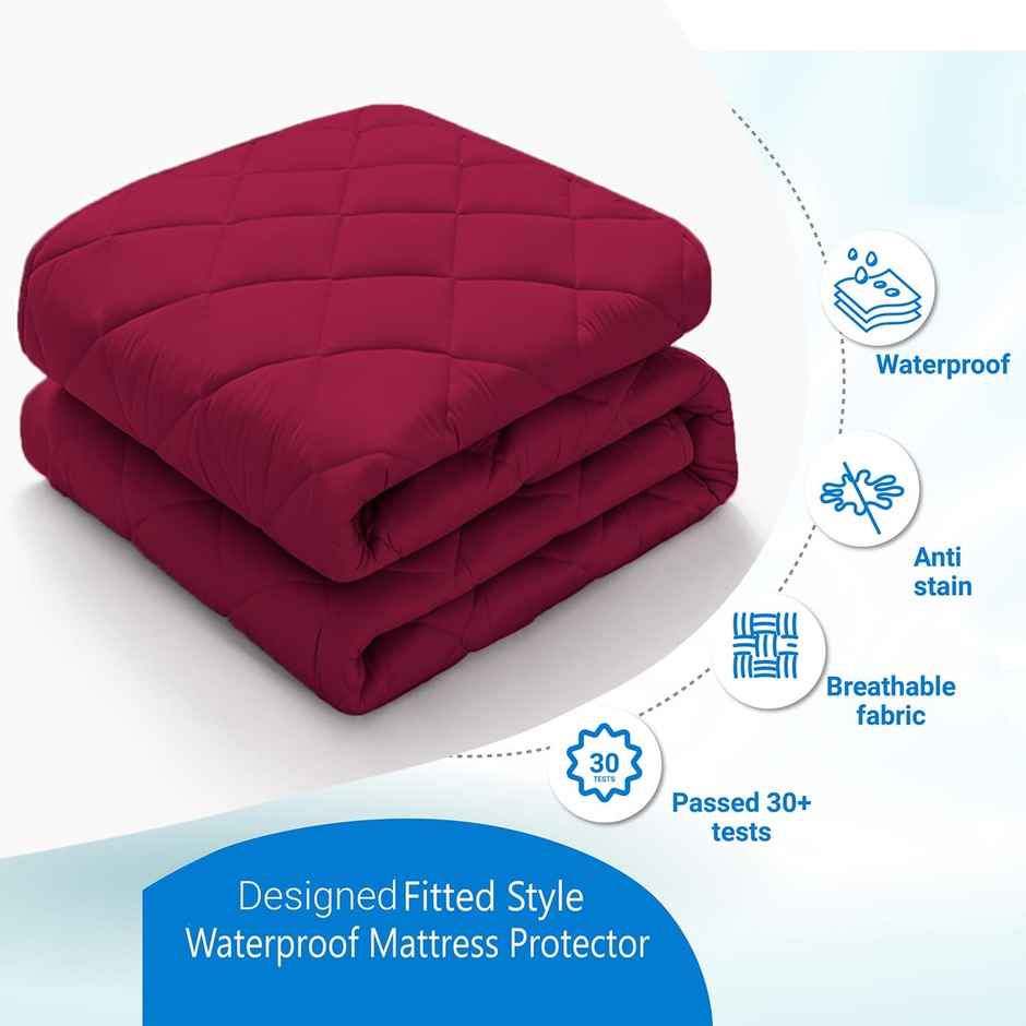 BAY6 Maroon Quilted Microfiber Cotton 350 GSM Mattress Protector For Queen Size Bed