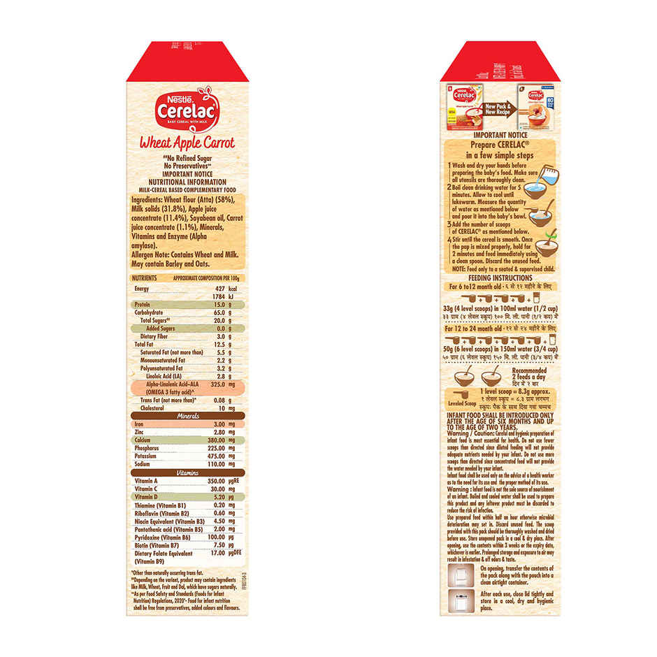 Nestle Cerelac Wheat Apple Carrot Baby Food Cerea | No Refined Sugar & No Preservatives | 6 to 24 Months
