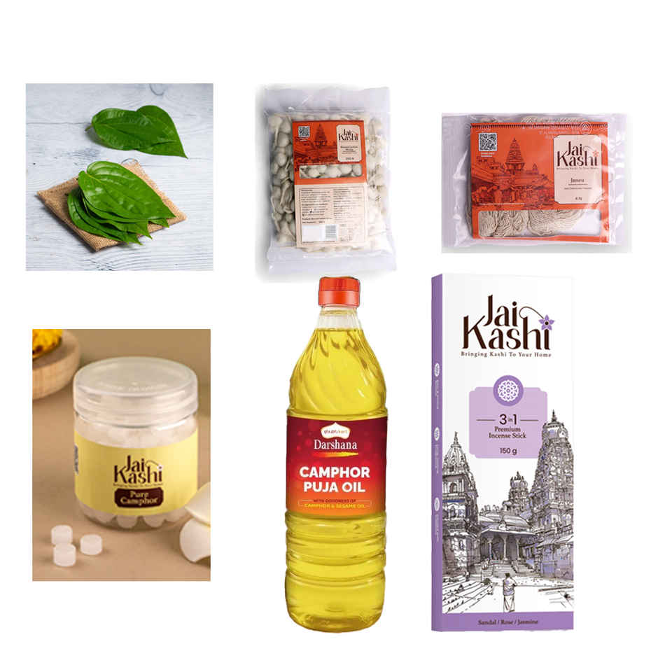 Betel Leaves (Paan) (10pc) & Jai Kashi 3 In 1 Premium Incense Stick (150g) & Jai Kashi Pancha Deepam Pooja Oil (1l) & Jai Kashi Pure Camphor (50g) & Jai Kashi Janeu (4pc) & Jai Kashi Round/ Flower Cotton Wicks (200pc) Combo