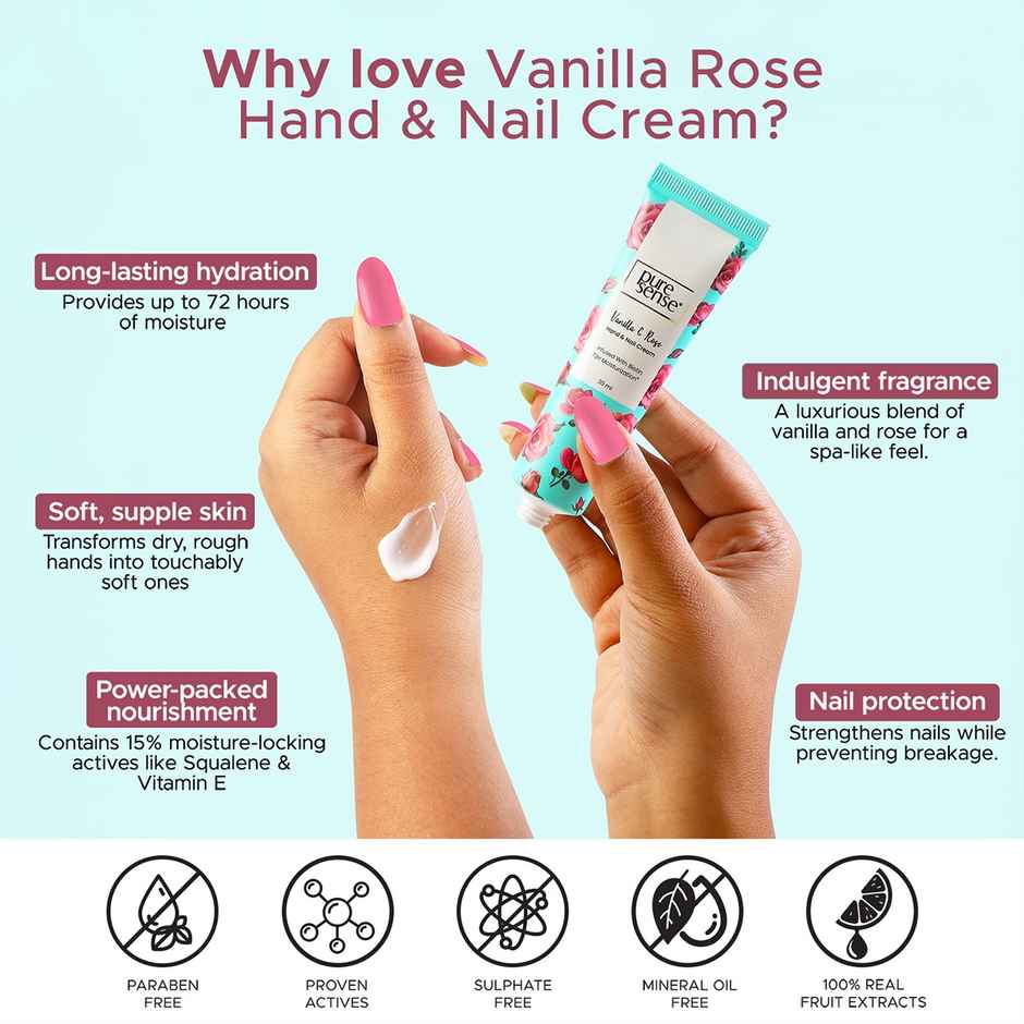 Puresense Vanilla & Rose Non-Sticky Hand And Nail Cream Infused With Biotin, Glycerin