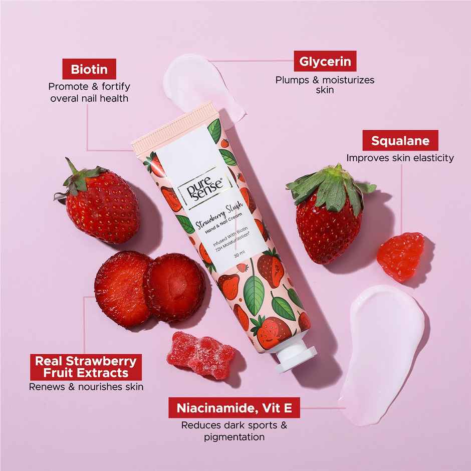 Puresense Strawberry Slush Non-Sticky Hand And Nail Cream Infused With Biotin, Glycerin
