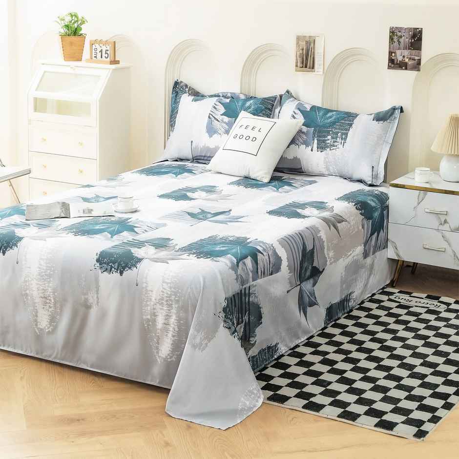 Story@home 240 TC Microfiber Double Printed Flat Bedsheet White & Grey | Floral