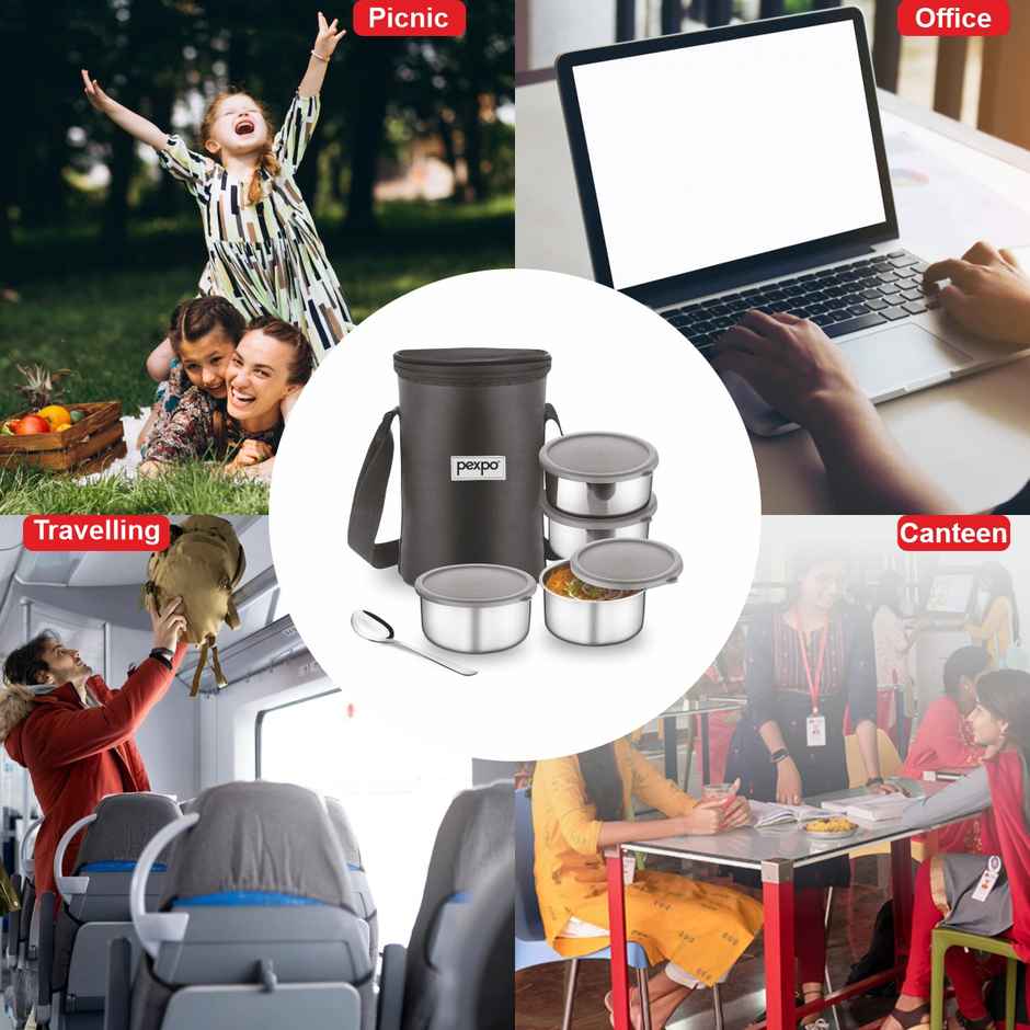 Pexpo Stainless Steel Lunch Box With 4 Air-Tight Containers, 1 Spoon & Bag, Eco Pro 4