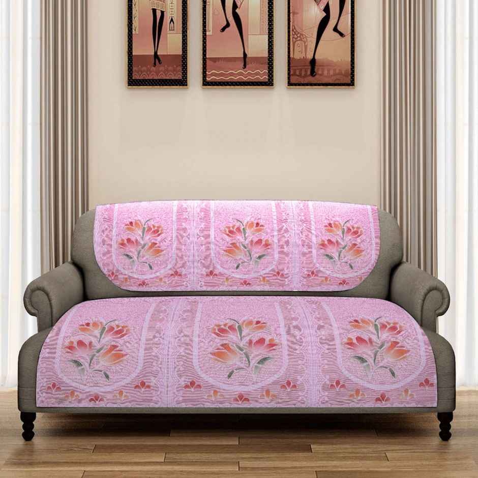 Romee Pink Floral Printed 5-Seater Net Sofa Cover