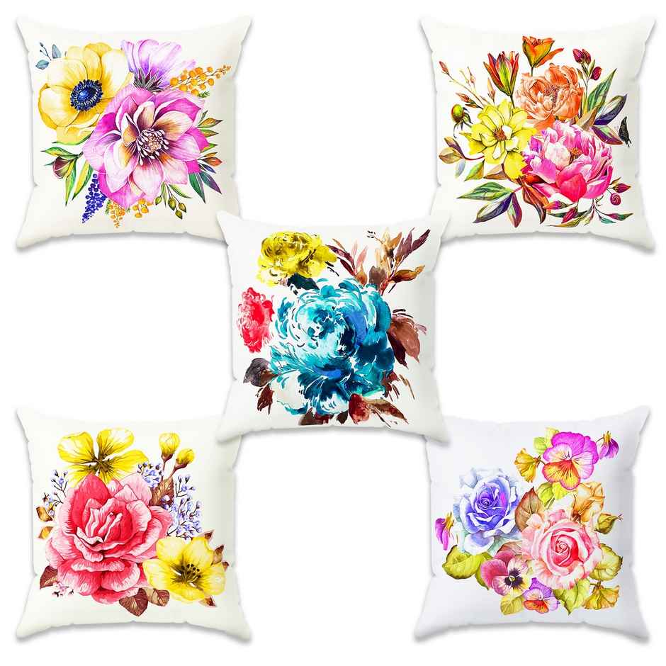 Story@Home Red & Blue Floral Polyester 5 Units of Helio Cushion Covers