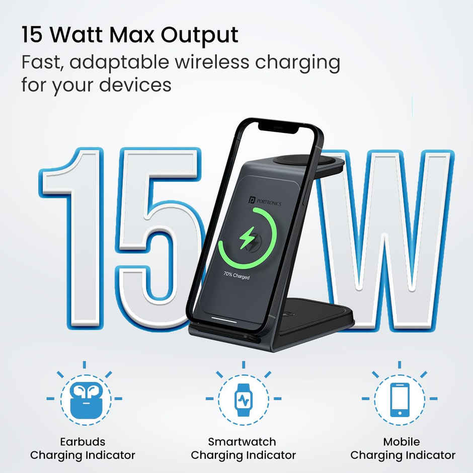 Portronics Freedom Trio 15w 3in1 Wireless Charger for iPhone 15/15 Plus/15 Pro/15 Pro Max,iPhone 14/14 Plus/14 Pro/Max,iPhone 13/12/11 Series,iWatches and AirPods etc.