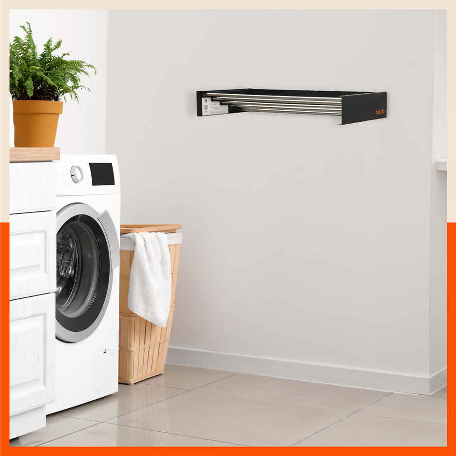 Bathla Wall Mounted Clothes Drying Rack | 3.5 m, 5 Steel Rods | Eze | Black