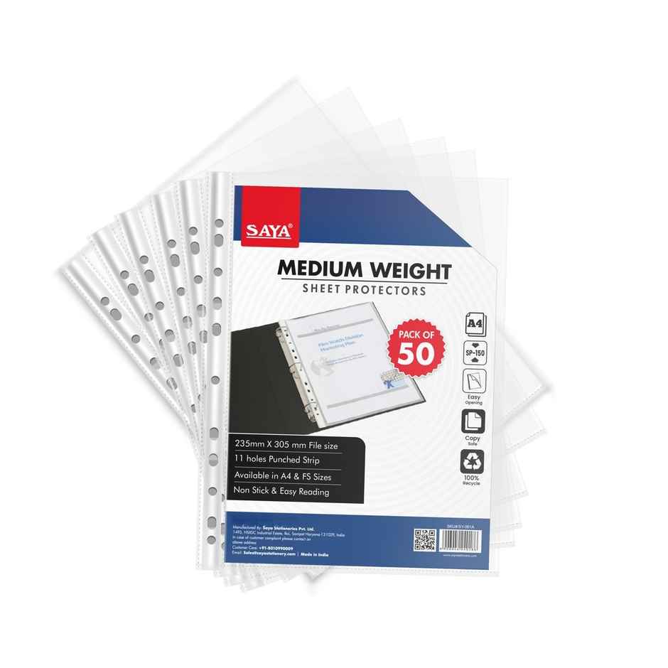 Saya A4 Transparent Sheet Protectors - 50 count sheets pack, Hole Punched