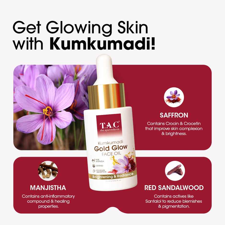 TAC 100% Pure Kumkumadi Gold Glow Face Oil Brightens, Reduces Pigmentation & Wrinkles